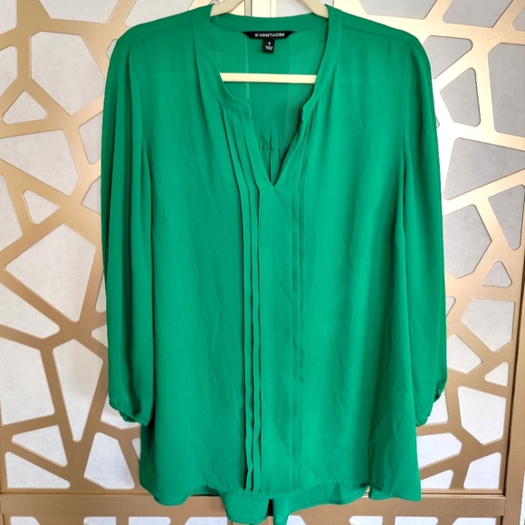 41 Hawthorn Tops - NWOT 41 HAWTHORN Green V Neck Pleated 3/4 Sleeve Blouse